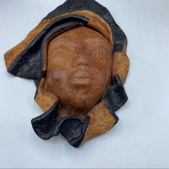 Leather Mask Face Vintage African Tribal Decorative Wall Hanging Art Set of 2 - Picture 3 of 12